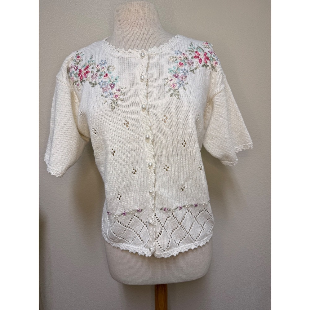 Debbie Morgan Womens Cream Floral Embroidered Short Sleeve Cardigan Sweater Sz L